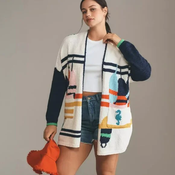 Anthropologie Maeve Nautical Buoy Cardigan Sweater Whale Seahorse S M NWT